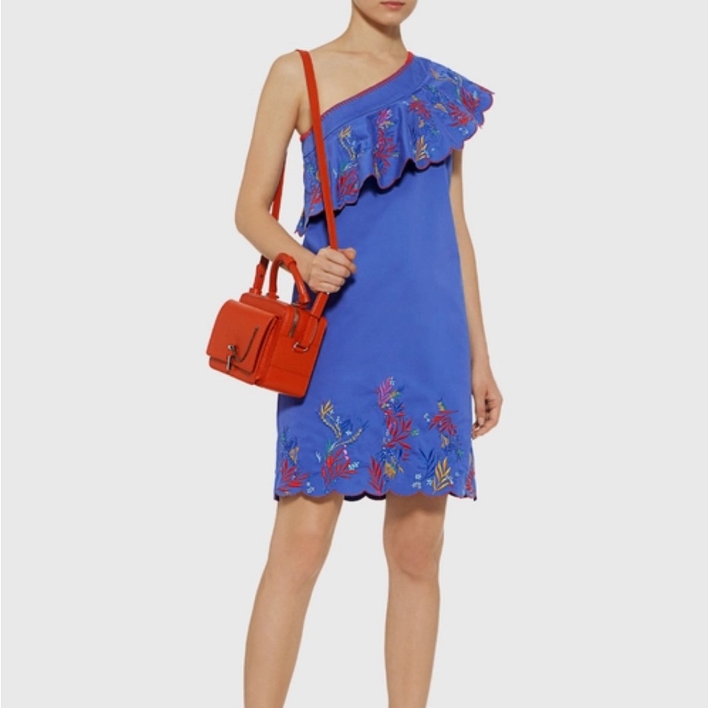 SALONI One Shoulder Ruffle Embroidered FLORAL Dress BLUE Size 6 #134
